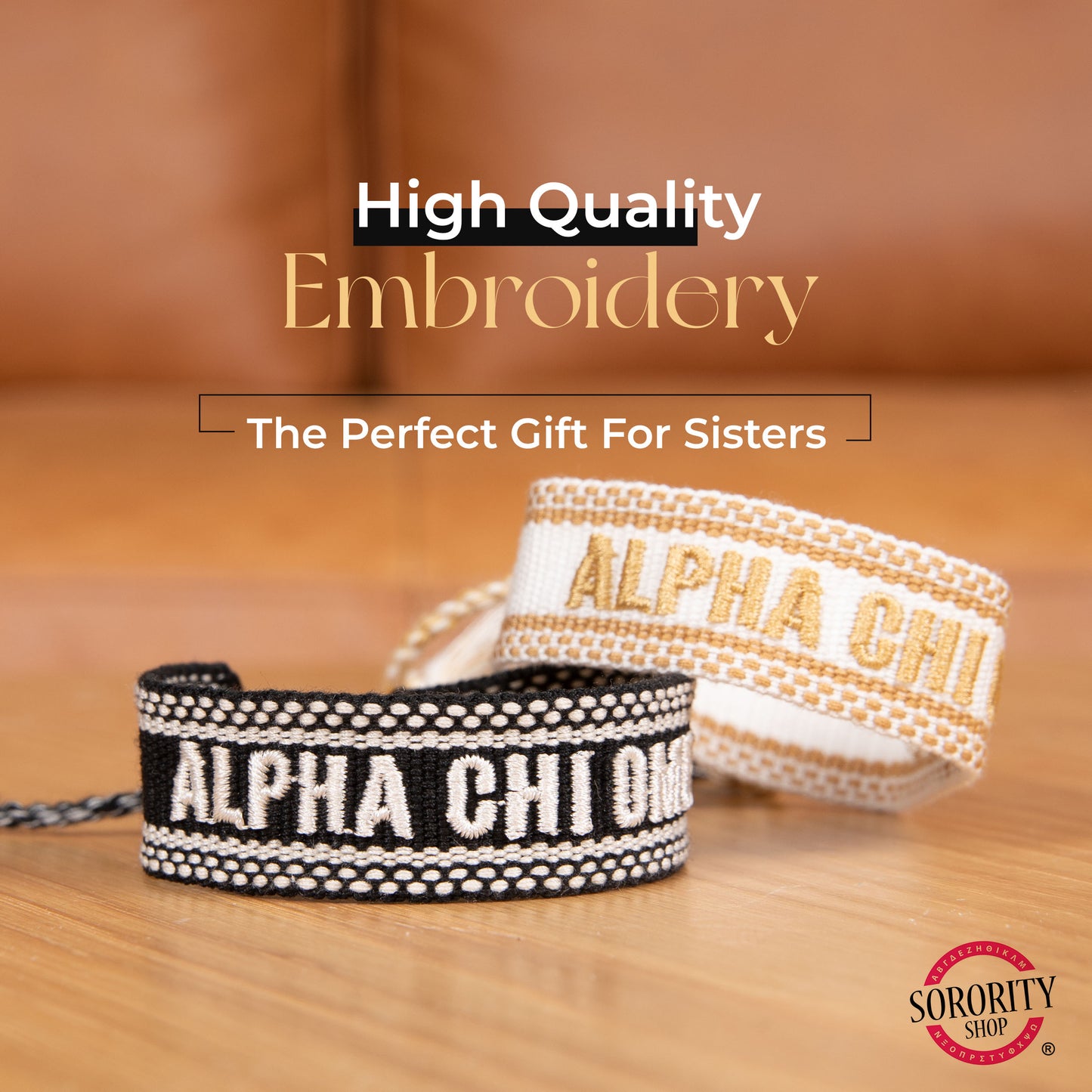 Gamma Phi Beta Woven Bracelet, White and Gold Design
