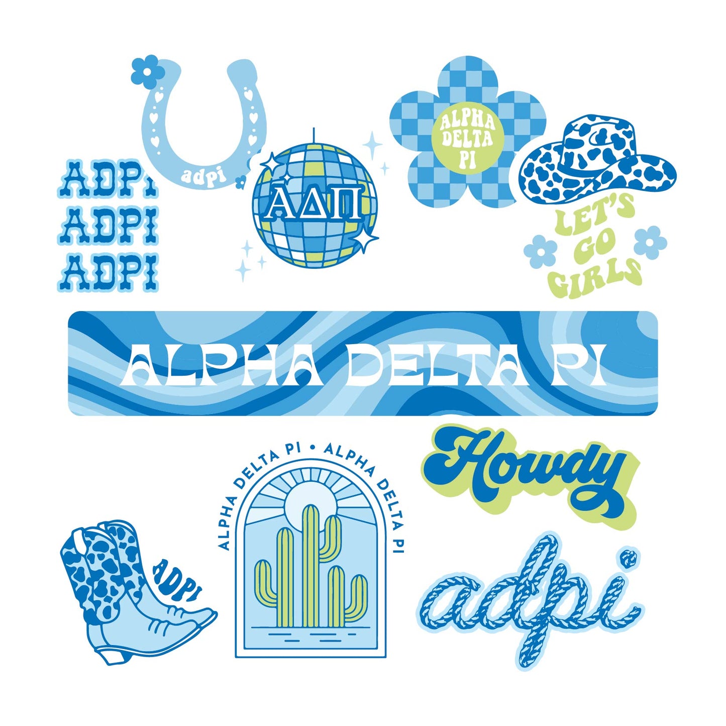 Alpha Delta Pi Sticker Sheet - Western Disco Design
