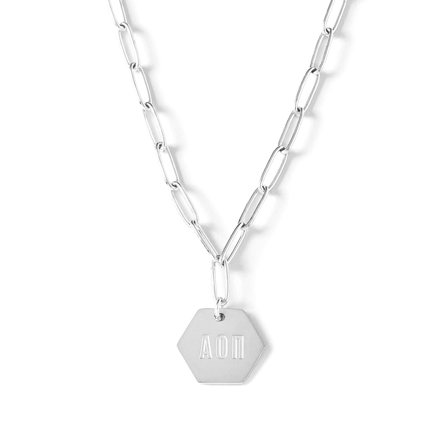 Alpha Omicron Pi Necklace- Silver Paperclip Style with AOP Pendant
