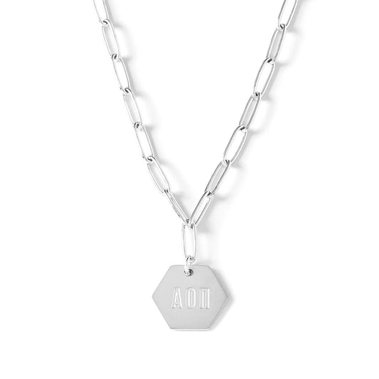 Alpha Omicron Pi Necklace- Silver Paperclip Style with AOP Pendant
