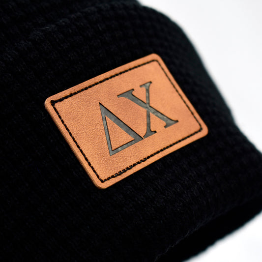 Delta Chi Fraternity Beanie Hat - Black Winter Hat w/ Greek Letters Patch