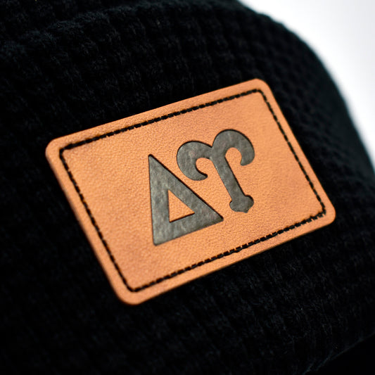 Delta Upsilon Fraternity Beanie Hat - Black Winter Hat w/ Greek Letters Patch