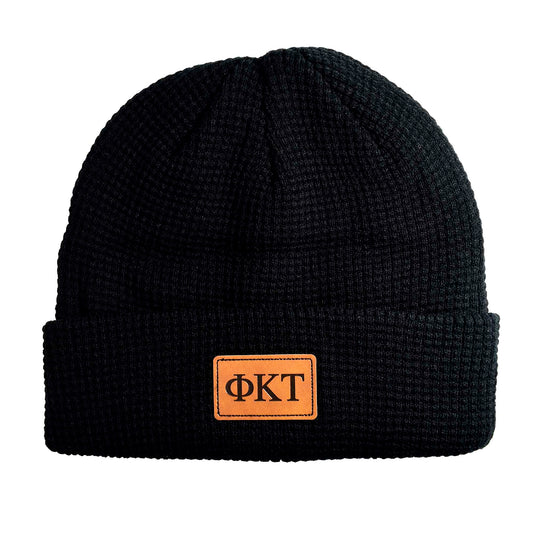 Phi Kappa Tau Fraternity Beanie Hat - Black Winter Hat w/ Greek Letters Patch