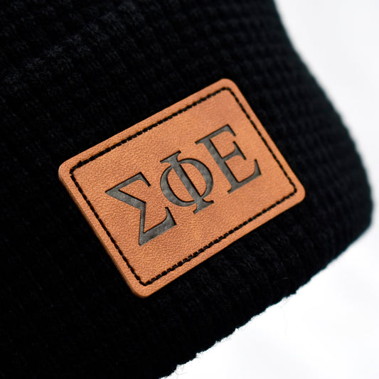 Sigma Phi Epsilon Fraternity Beanie Hat - Black Winter Hat w/ Greek Letters Patch