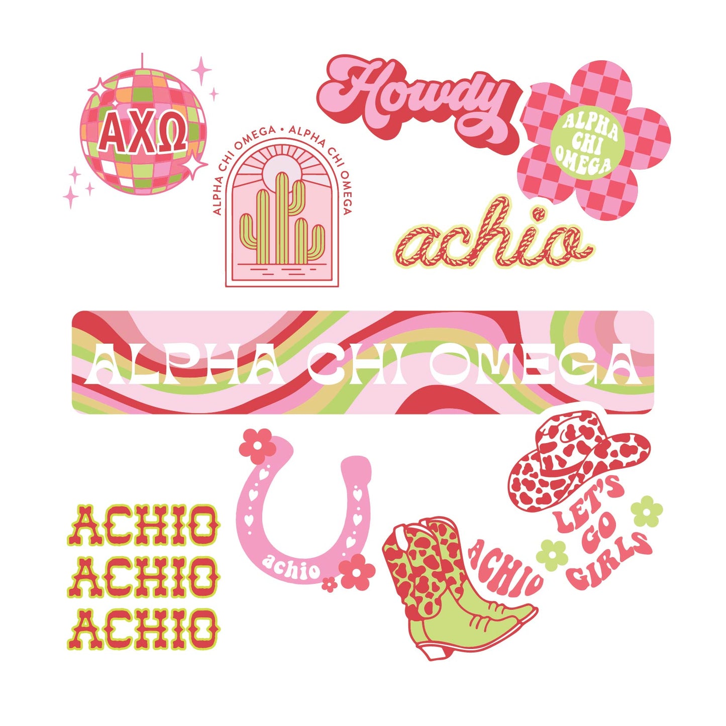 Alpha Chi Omega Sticker Sheet - Western Disco Design