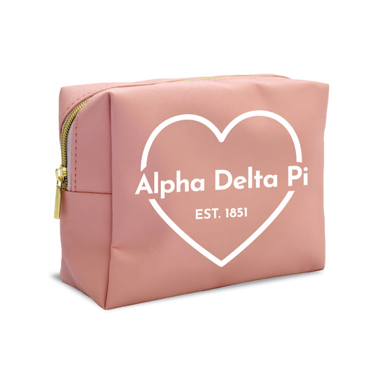 Alpha Delta Pi Pink Makeup Bag with White Heart and Logo