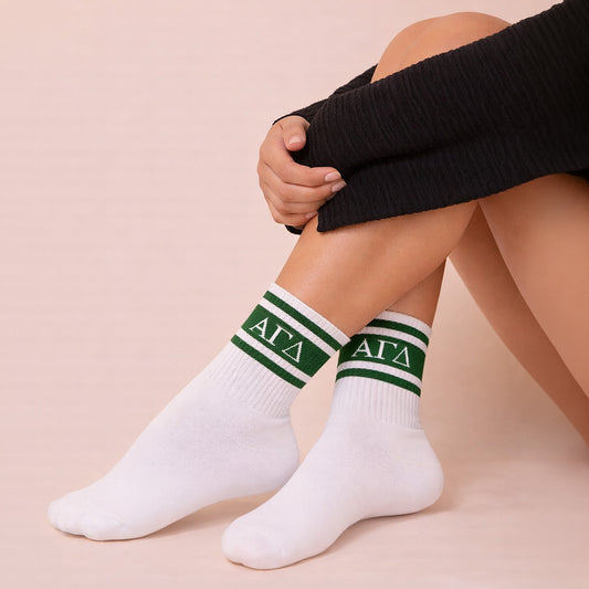 Alpha Gamma Delta Socks- Striped Varsity Crew Socks with Greek Letters