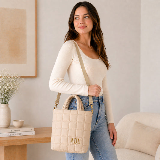Alpha Omicron Pi Small Crossbody Quilted Tote Bag with Greek Letters