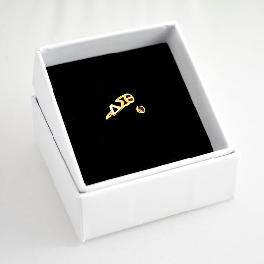 Delta Sigma Theta Ring- Gold Plated with Greek Letters and CZ Gemstone