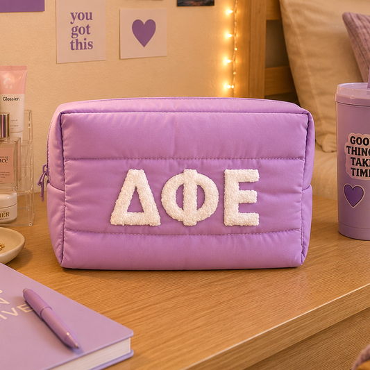 Delta Phi Epsilon Makeup Bag - Puffer Style with Sorority Letters