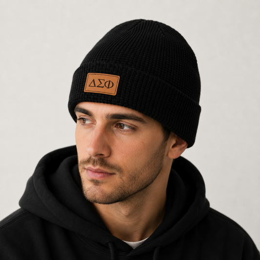 Delta Sigma Phi Fraternity Beanie Hat - Black Winter Hat w/ Greek Letters Patch