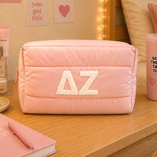 Delta Zeta Makeup Bag - Puffer Style with Sorority Letters