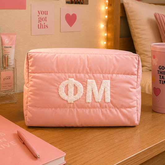 Phi Mu Makeup Bag - Puffer Style with Sorority Letters