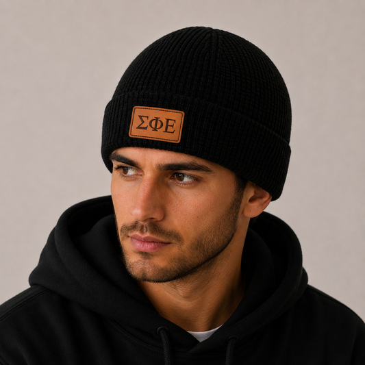 Sigma Phi Epsilon Fraternity Beanie Hat - Black Winter Hat w/ Greek Letters Patch