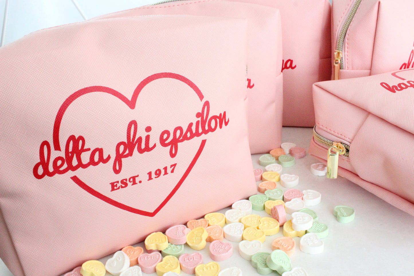 Delta Phi Epsilon Pink w/Red Heart Makeup Bag