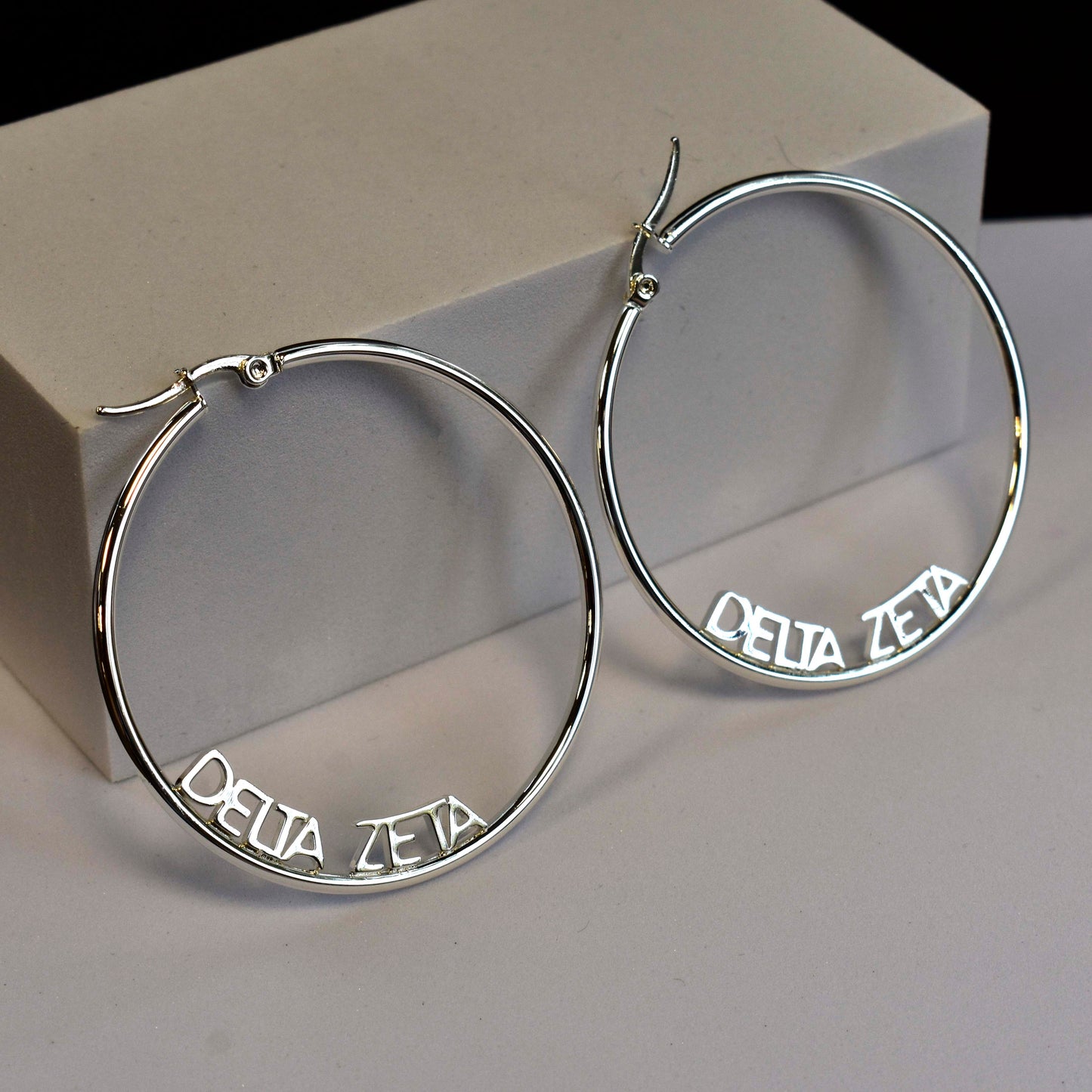 Omega Phi Alpha Silver Hoop Earrings- Name Design