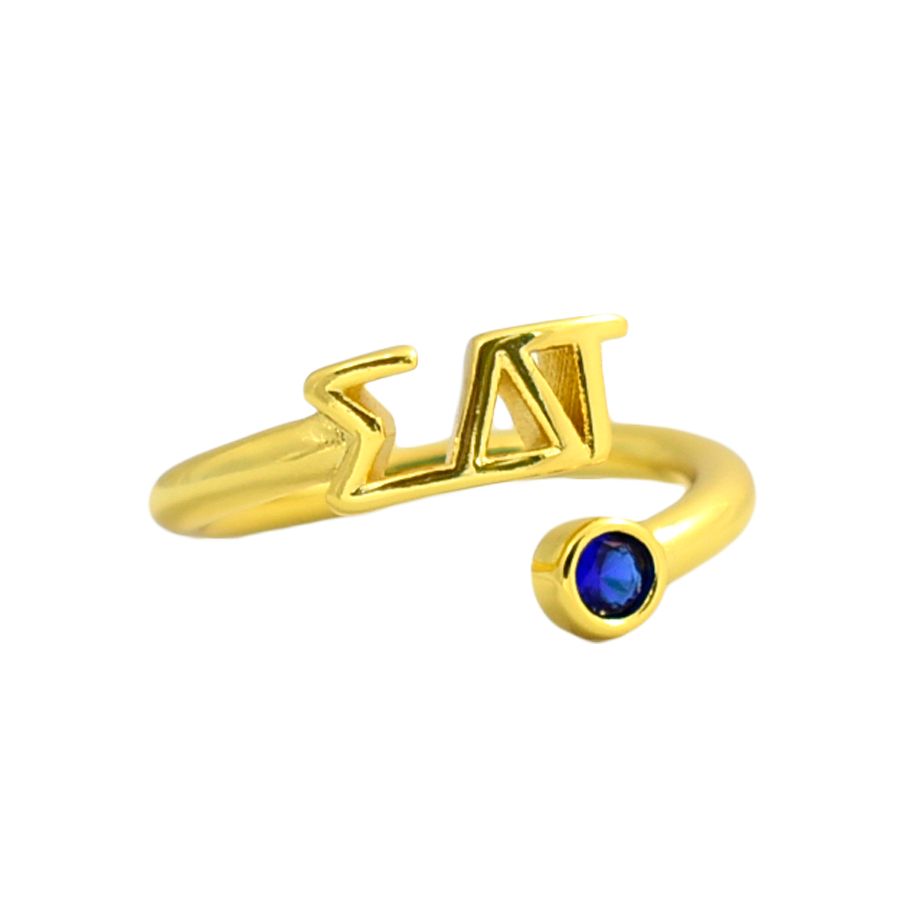 Sigma Delta Tau Ring- Gold Plated with Greek Letters and CZ Gemstone