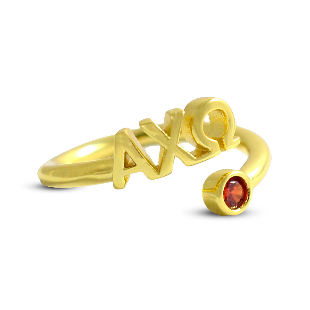 Alpha Chi Omega Ring- Gold Plated with Greek Letters and CZ Gemstone