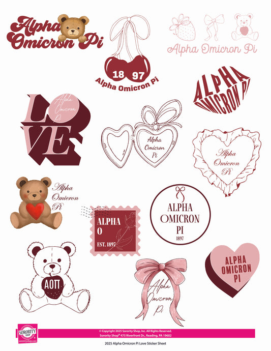 Alpha Omicron Pi Sticker Sheet- Teddy Bears and Sisterhood Love Theme