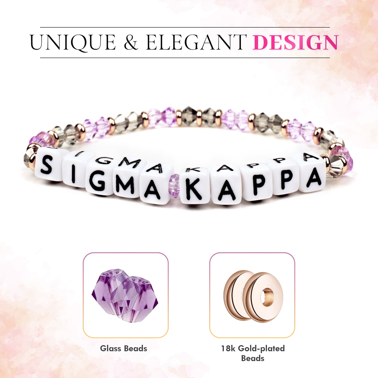 Alpha Chi Omega Bracelet With Glass Beads and 18K Gold Accent Beads