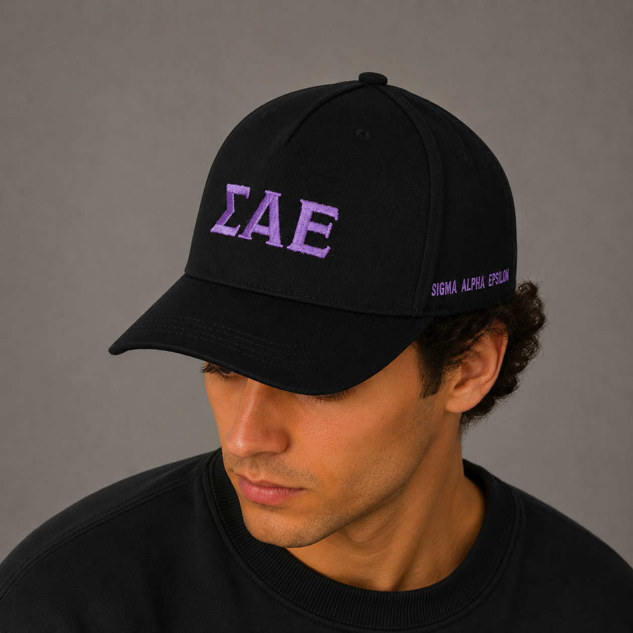 Sigma Alpha Epsilon Fraternity Baseball Cap- Brushed Cotton 5-Panel Black Hat