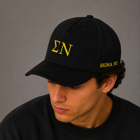 Sigma Nu Baseball Cap- Brushed Cotton 5-Panel Black Hat