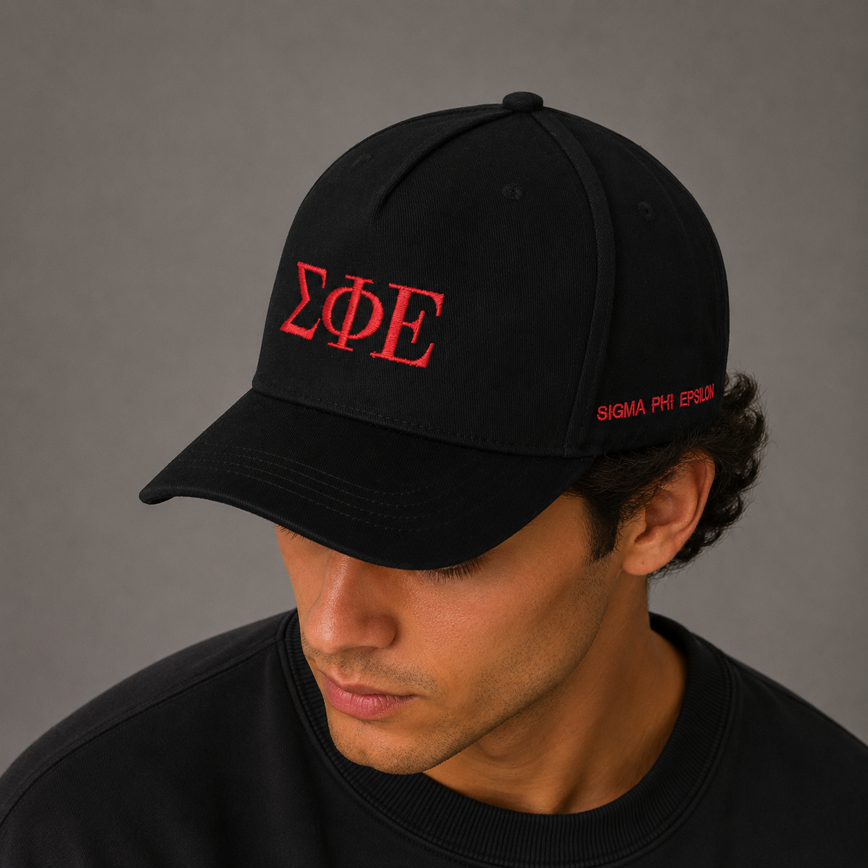Sigma Phi Epsilon Fraternity Baseball Cap- Brushed Cotton 5-Panel Black Hat