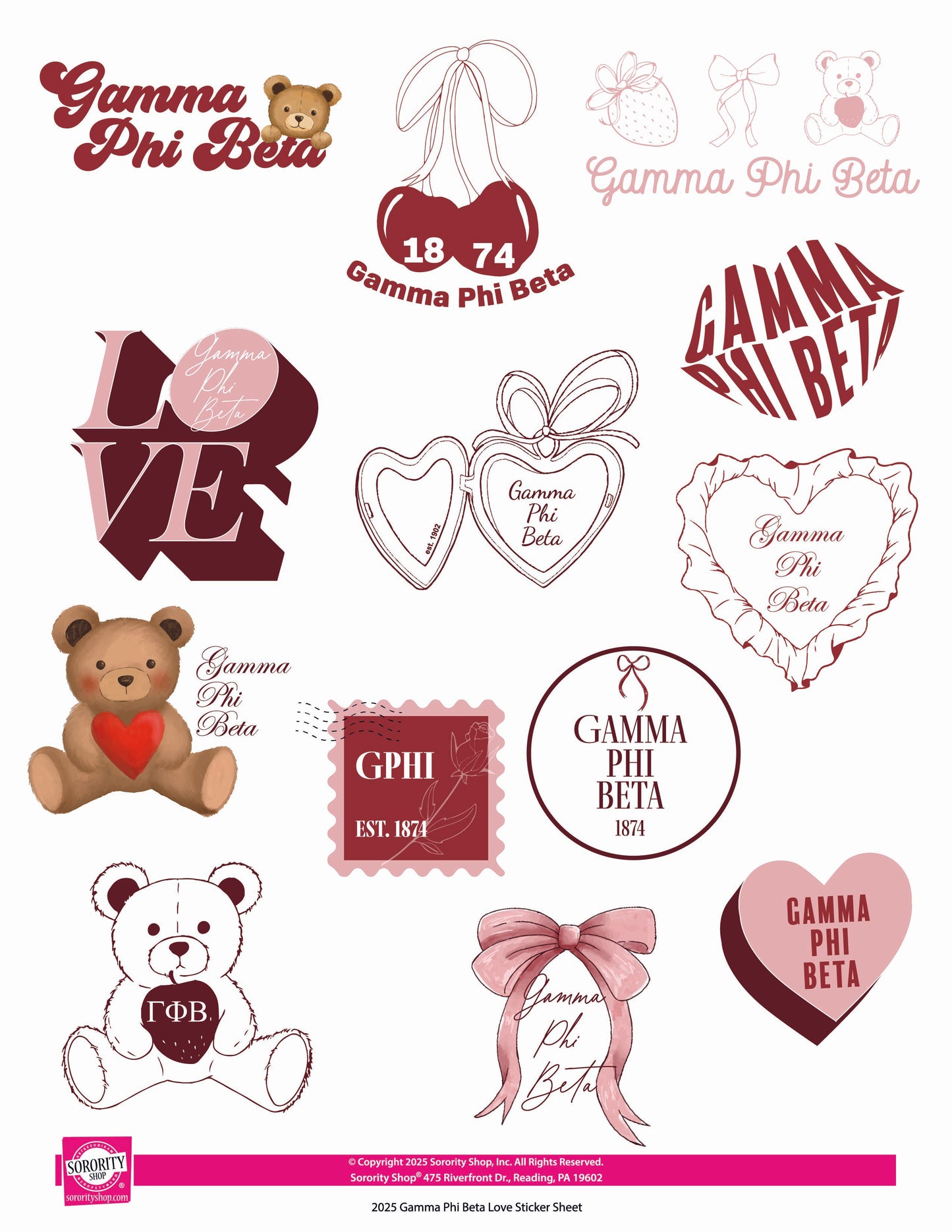Gamma Phi Beta Sticker Sheet- Teddy Bears and Sisterhood Love Theme