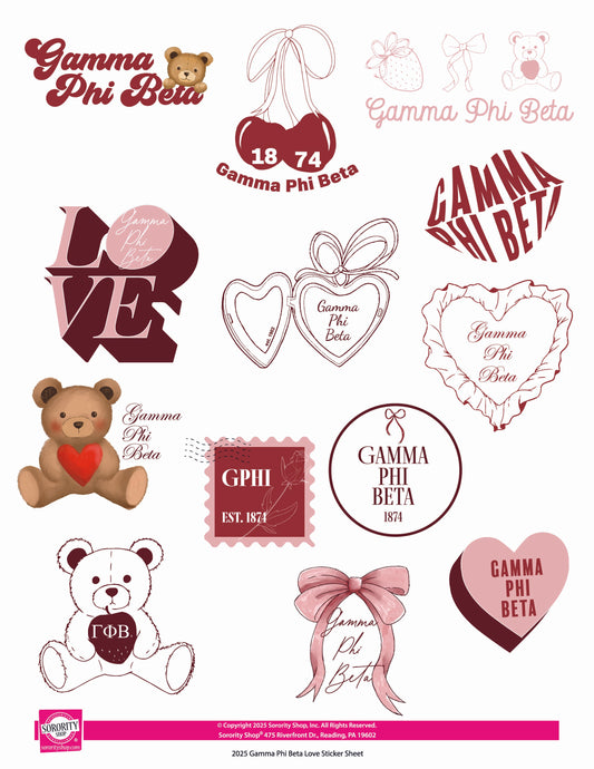 Gamma Phi Beta Sticker Sheet- Teddy Bears and Sisterhood Love Theme