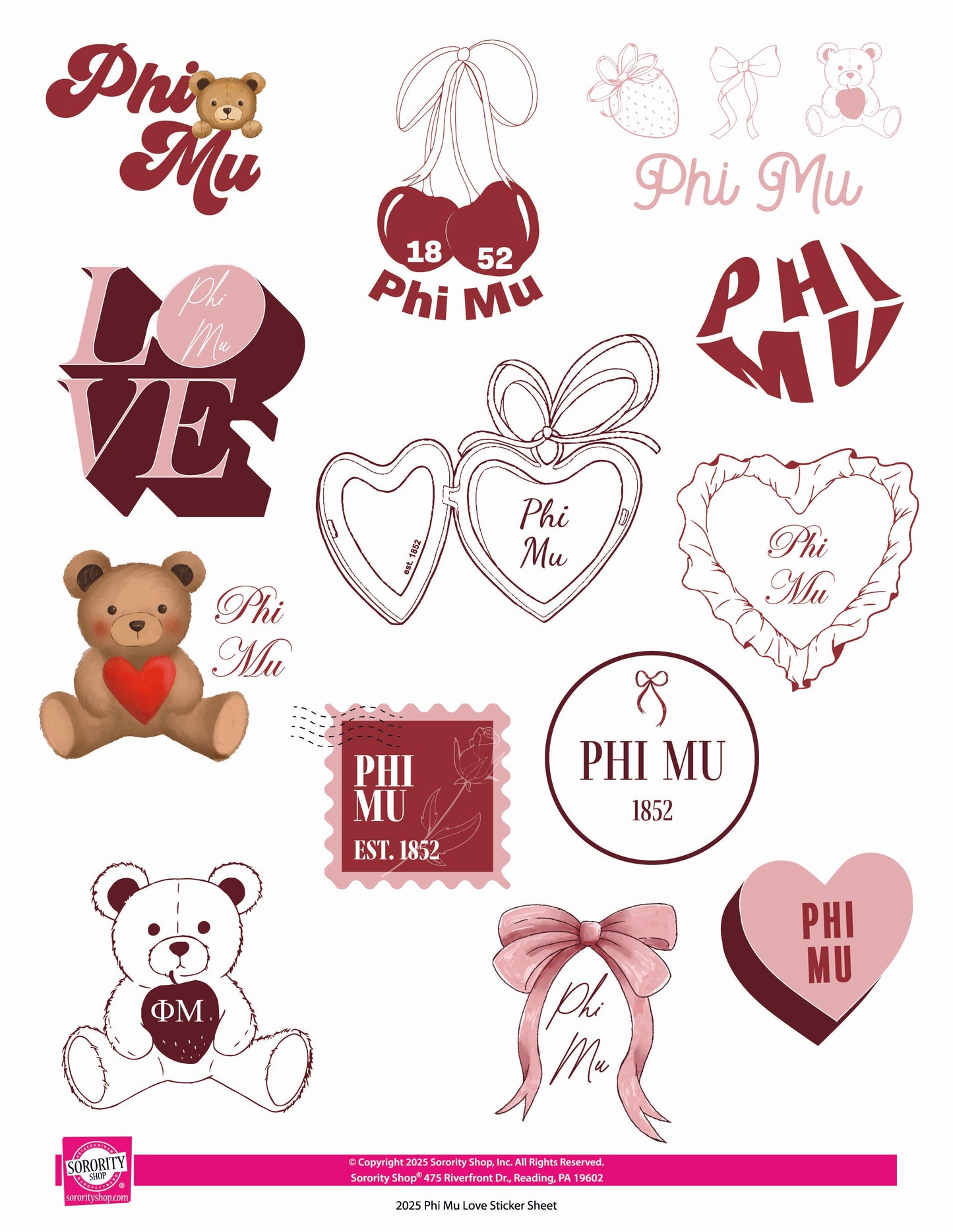 Phi Mu Sticker Sheet- Teddy Bears and Sisterhood Love Theme