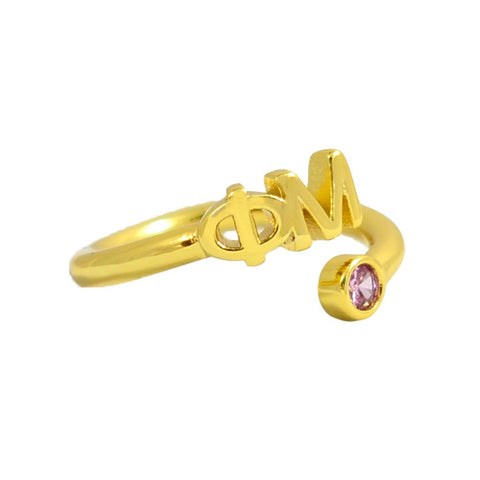 Phi Mu Ring- Gold Plated with Greek Letters and CZ Gemstone