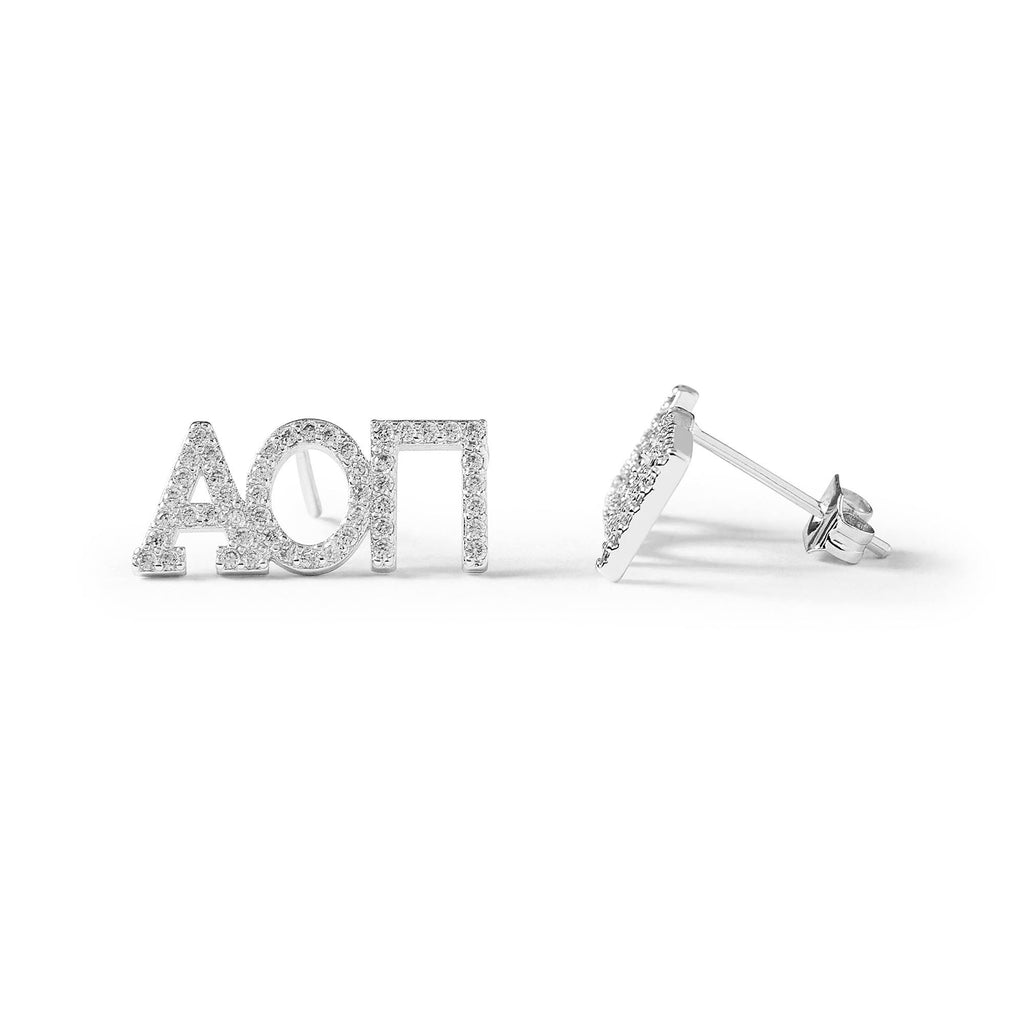 Alpha Omicron Pi White Gold Plated Stud Earrings