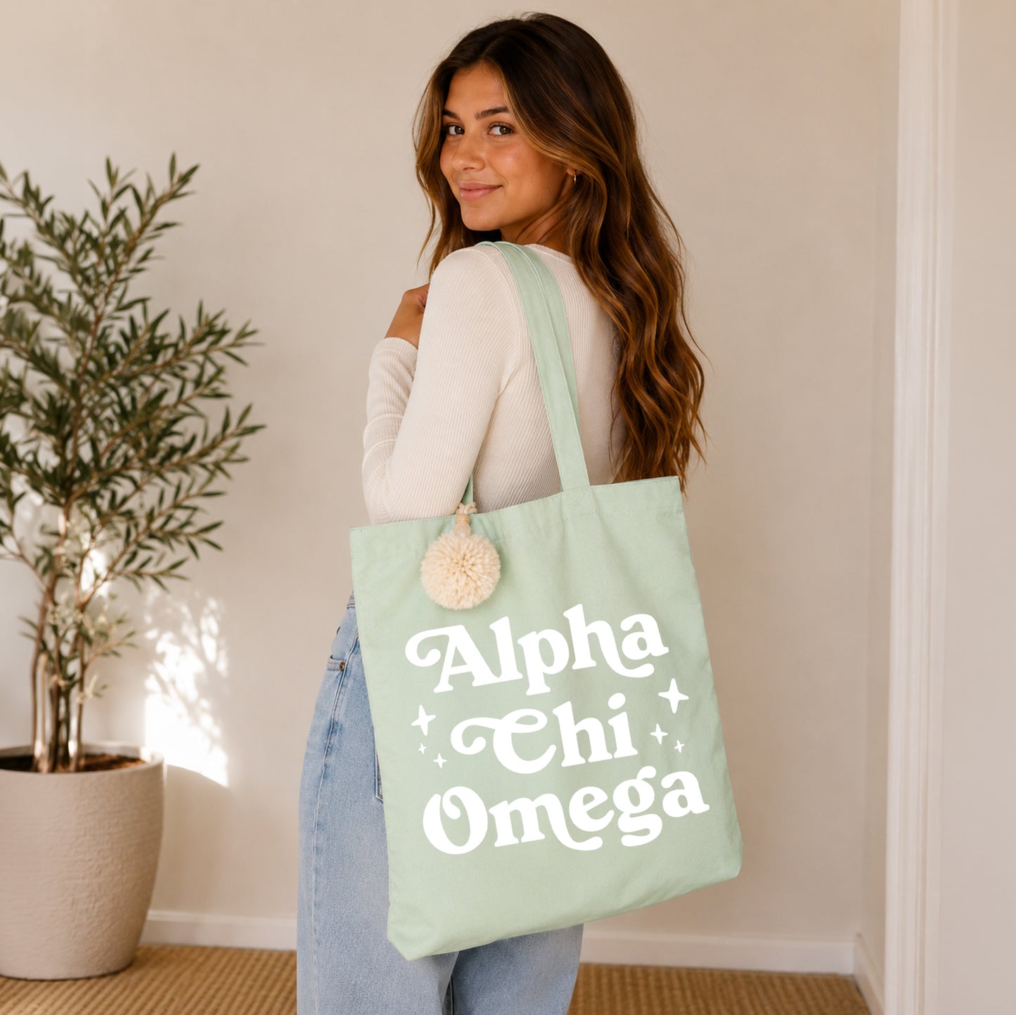 Alpha Chi Omega Retro Pom Pom Tote Bag