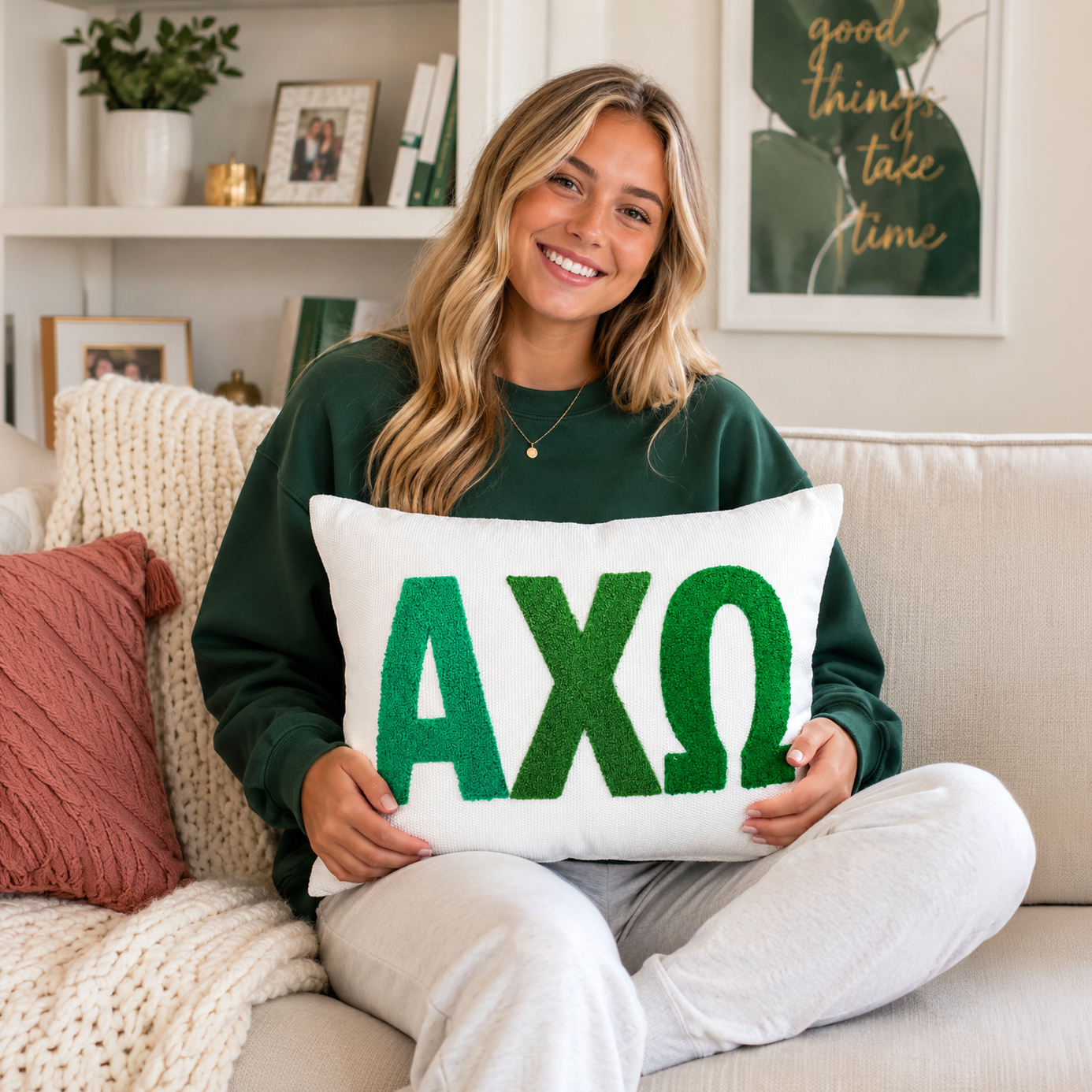 Alpha Chi Omega Pillow – Embroidered Plush Greek Letters Design