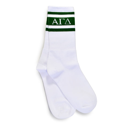 Alpha Gamma Delta Socks- Striped Varsity Crew Socks with Greek Letters