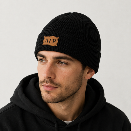 Alpha Gamma Rho Fraternity Beanie Hat - Black Winter Hat w/ Greek Letters Patch