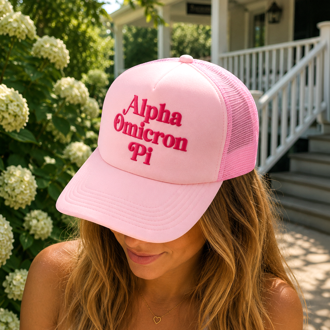Alpha Omicron Pi Baseball Cap, Mesh Trucker-Style Hat