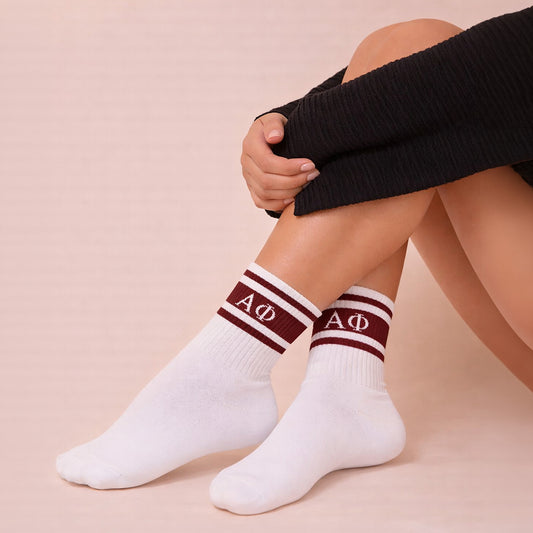 Alpha Phi Socks- Striped Varsity Crew Socks with Greek Letters