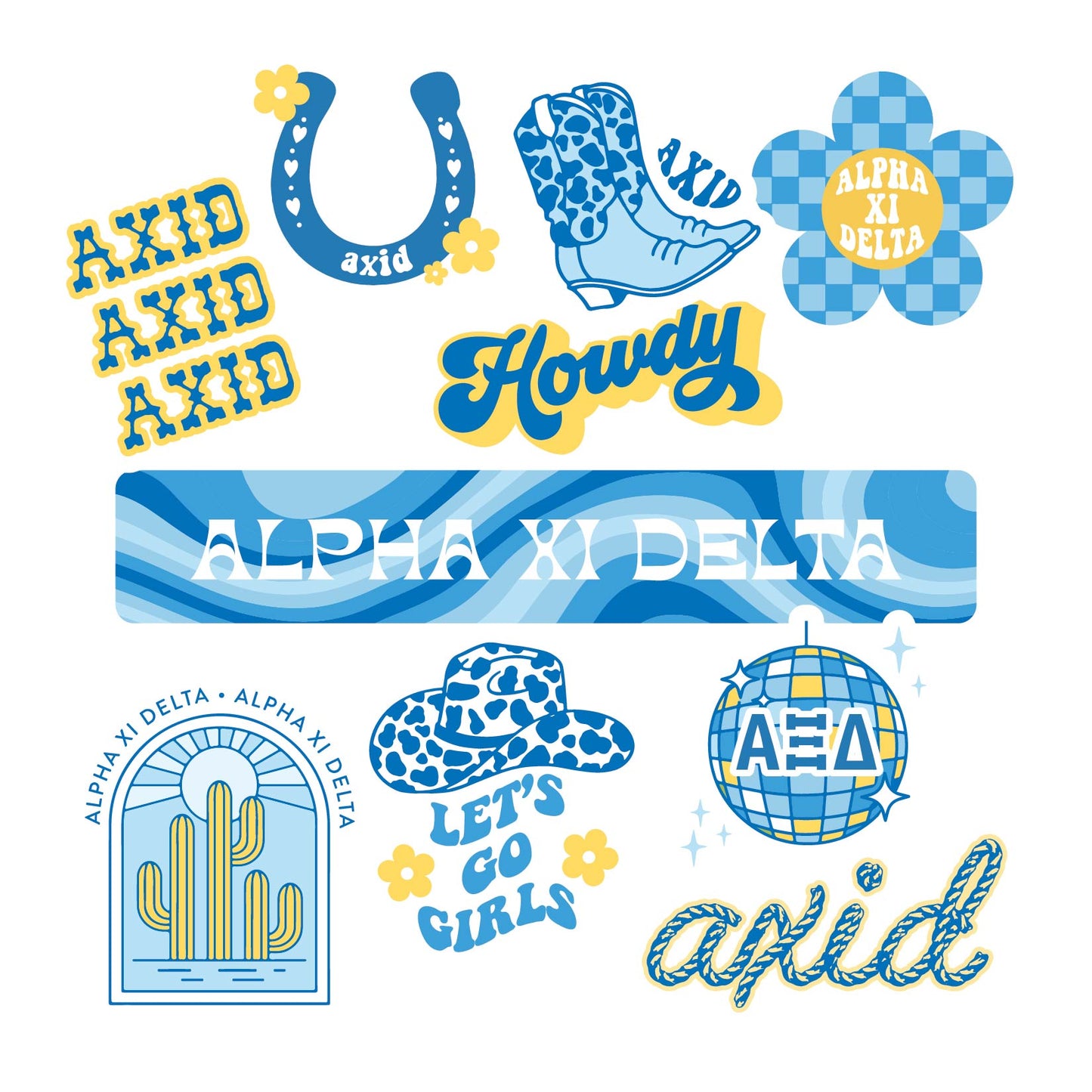 Alpha Xi Delta Sticker Sheet - Western Disco Design