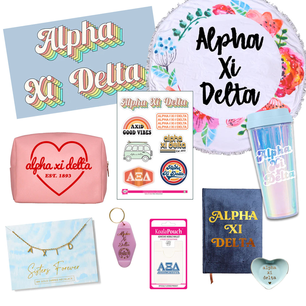 Alpha Xi Delta Celebrate Sisterhood Sorority Gift Box- 10 unique items