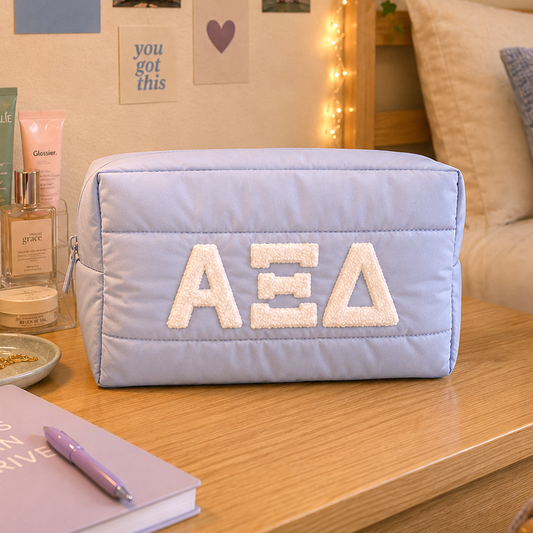 Alpha Xi Delta Makeup Bag - Puffer Style with Sorority Letters