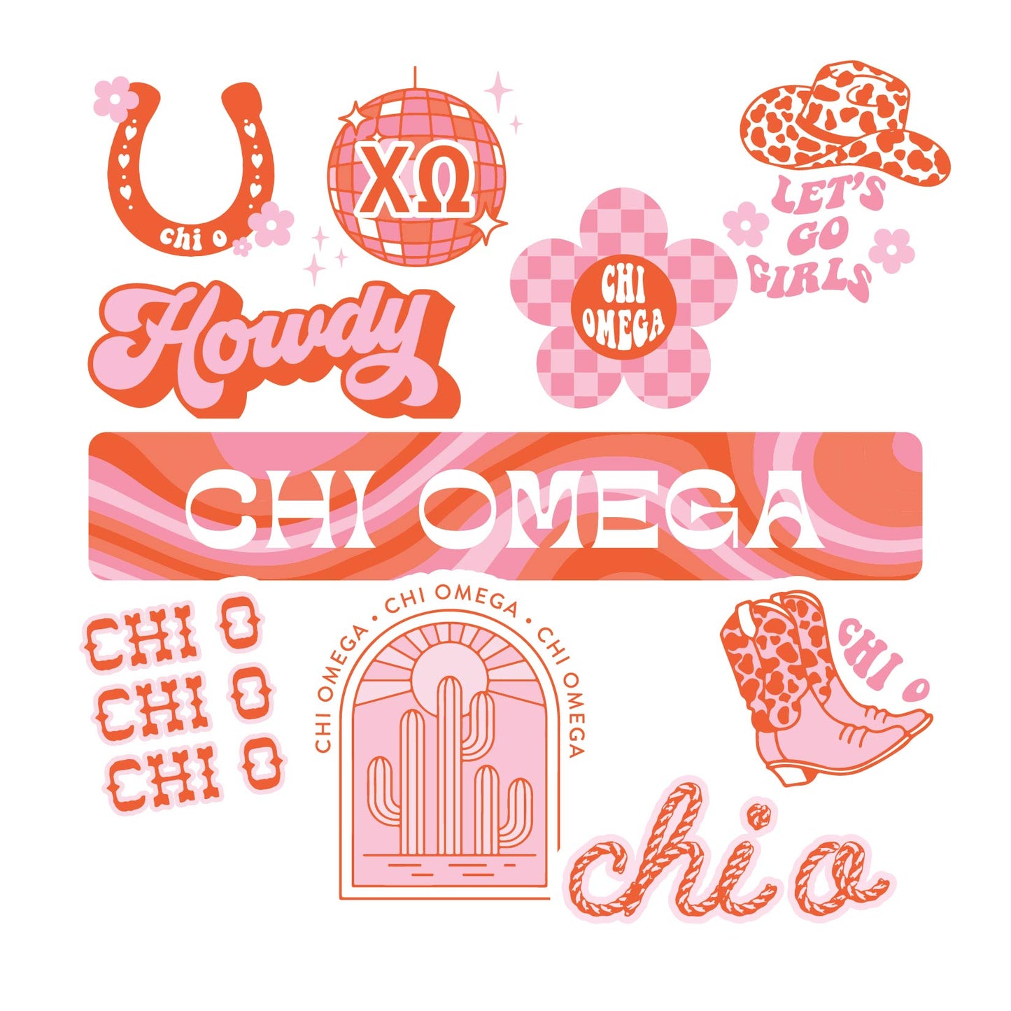 Chi Omega Sticker Sheet - Western Disco Design
