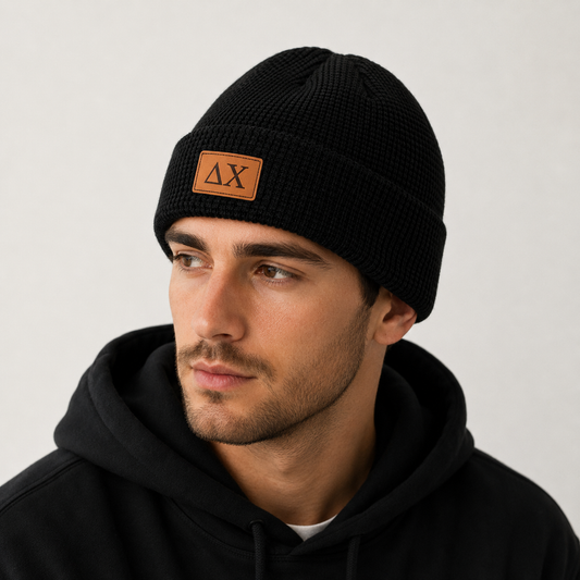 Delta Chi Fraternity Beanie Hat - Black Winter Hat w/ Greek Letters Patch