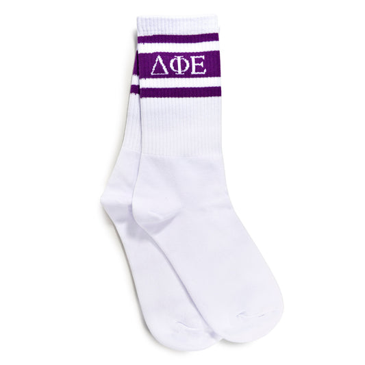 Delta Phi Epsilon Socks- Striped Varsity Crew Socks with Greek Letters