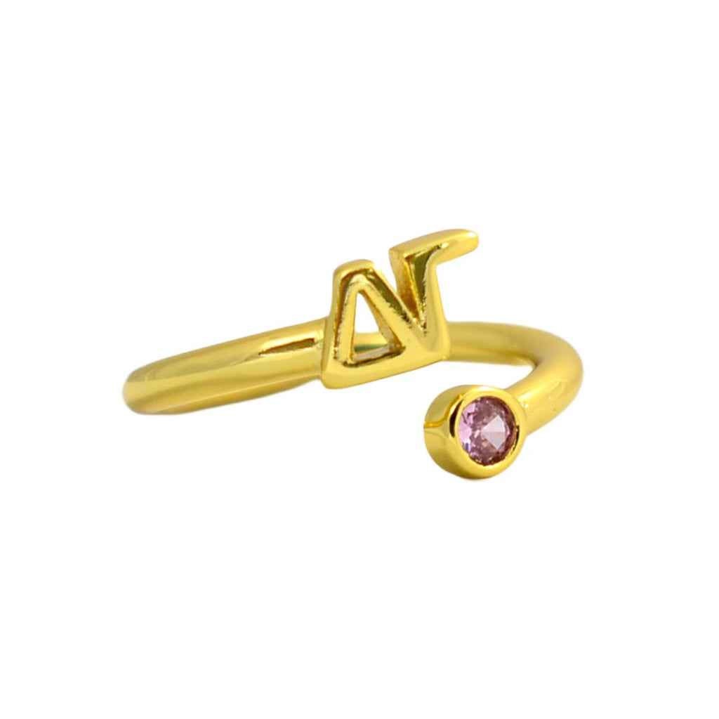 Delta Gamma Ring- Gold Plated with Greek Letters and CZ Gemstone