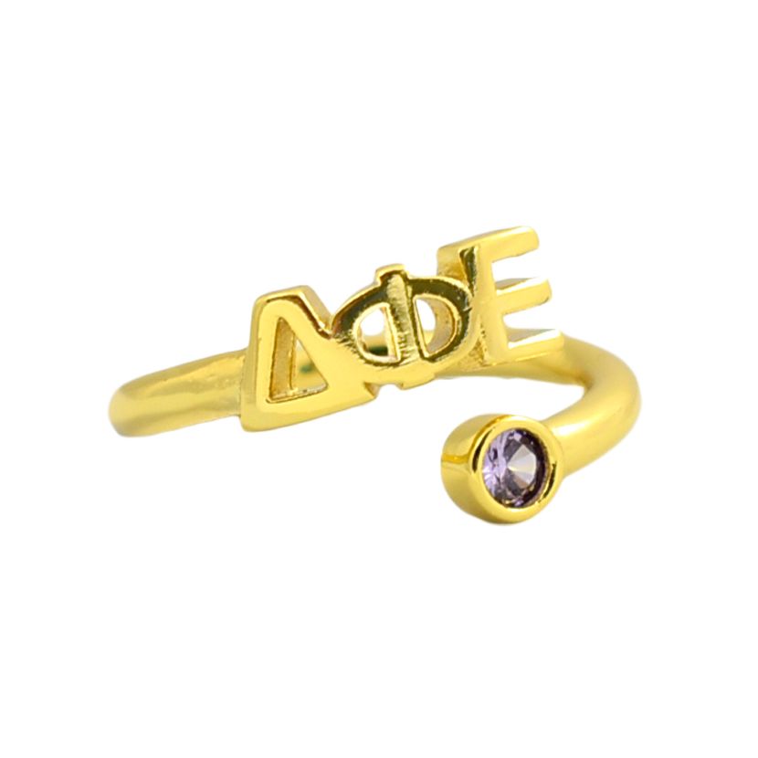 Delta Phi Epsilon Ring- Gold Plated with Greek Letters and CZ Gemstone