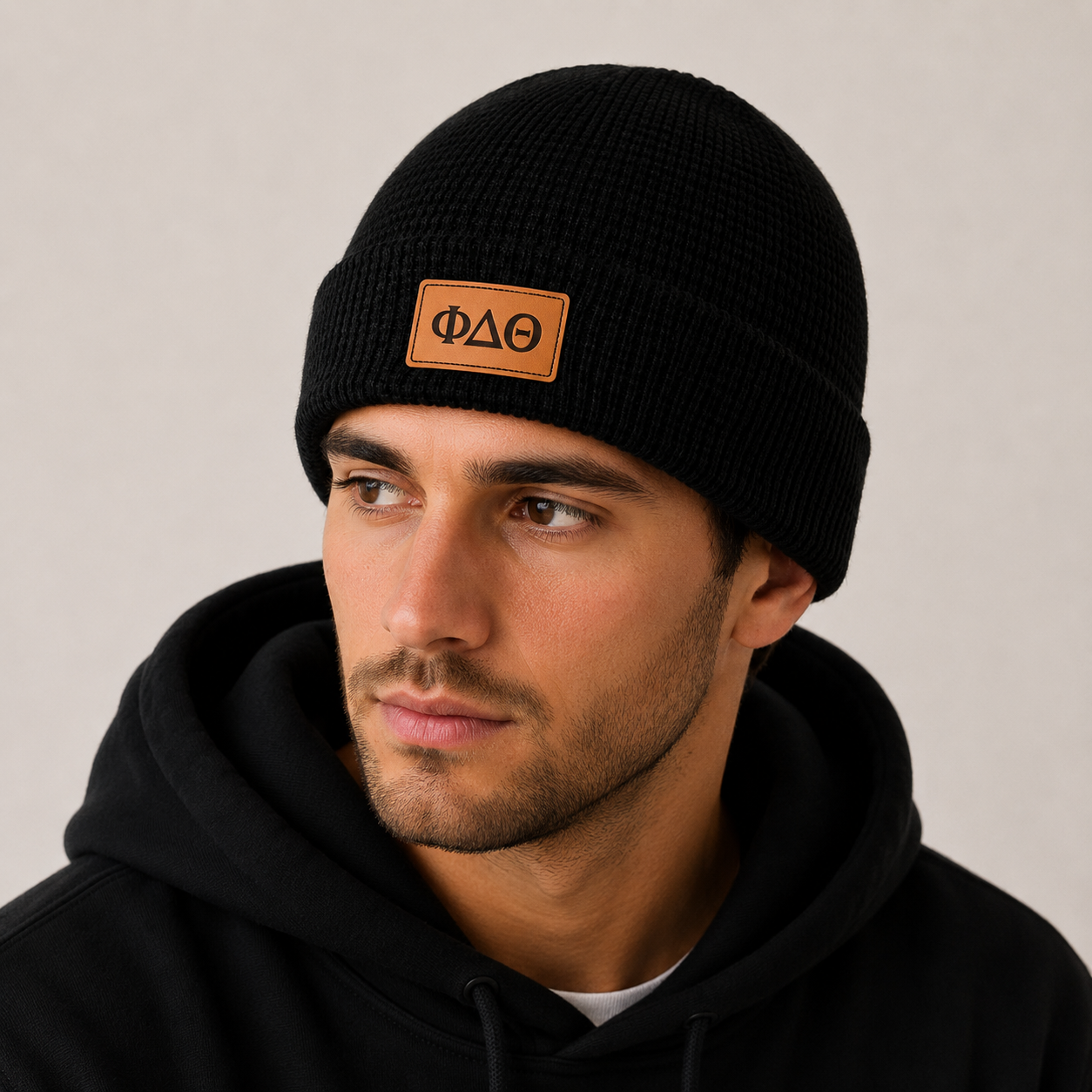 Phi Delta Theta Fraternity Beanie Hat - Black Winter Hat w/ Greek Letters Patch