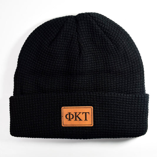 Phi Kappa Tau Fraternity Beanie Hat - Black Winter Hat w/ Greek Letters Patch