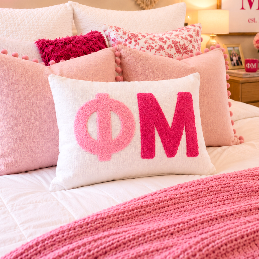 Phi Mu Pillow – Embroidered Plush Greek Letters Design