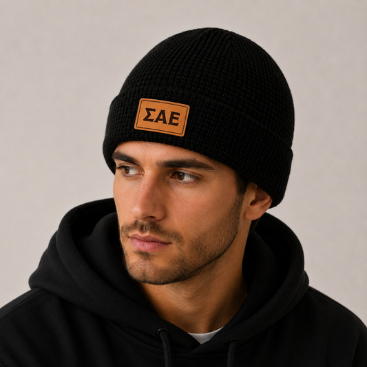 Sigma Alpha Epsilon Fraternity Beanie Hat - Black Winter Hat w/ Greek Letters Patch